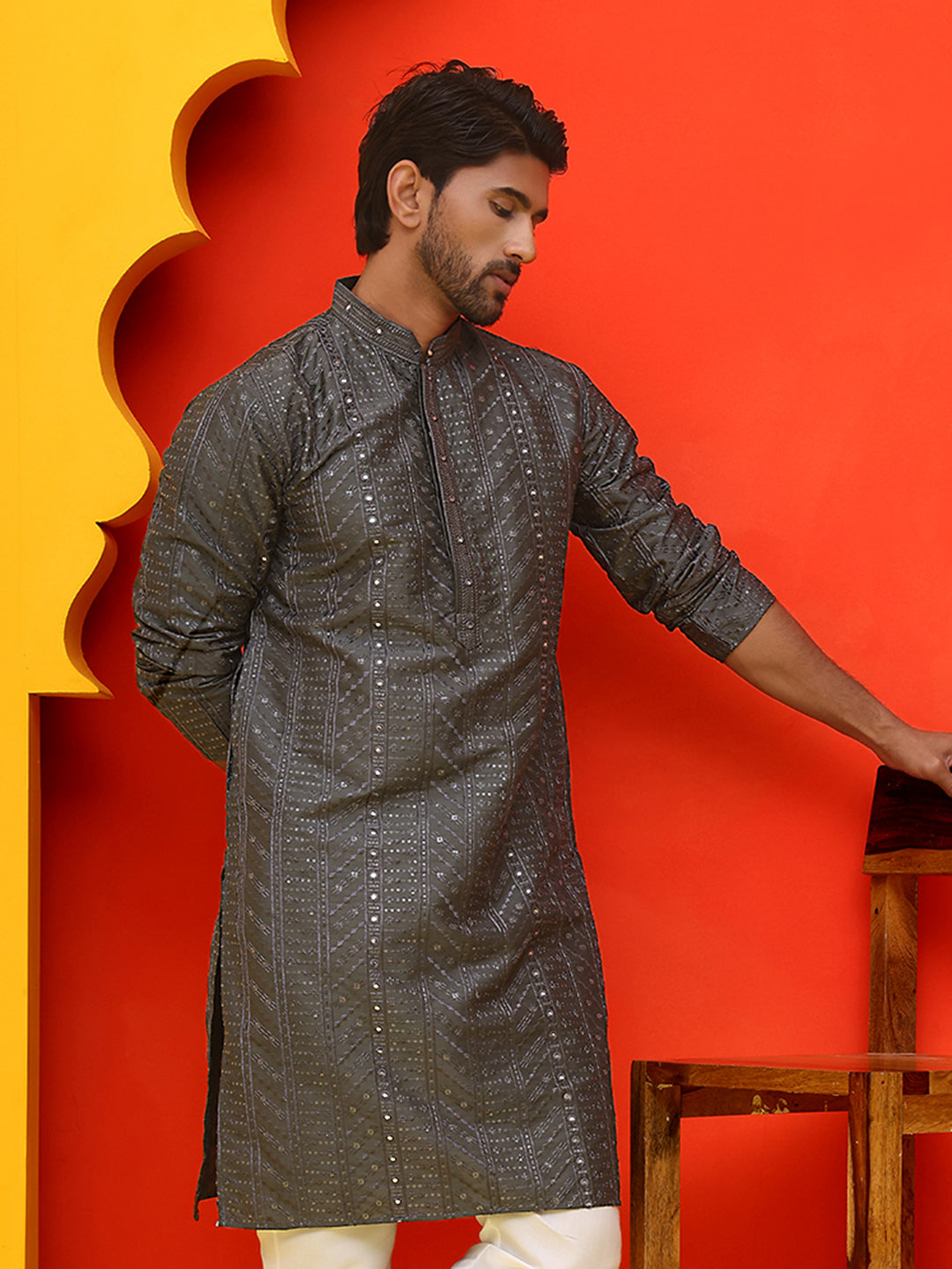 Embroidered straight Kurtas For Men ( KO 5225 Grey )