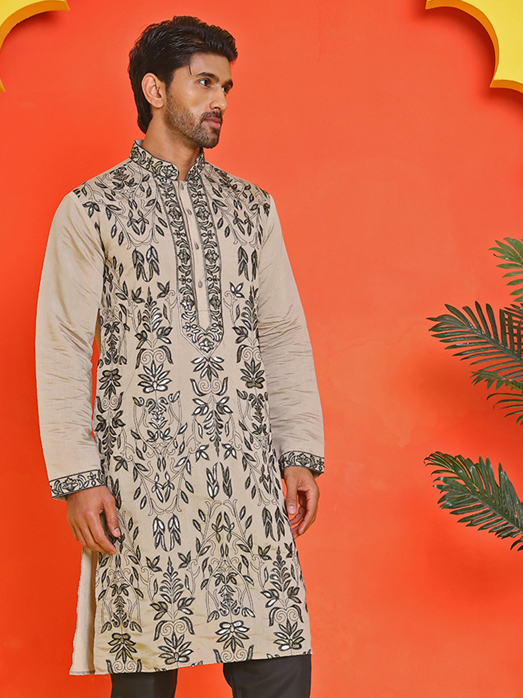 Embroidered & Sequins Kurtas For Men ( KO 5226 Beige )