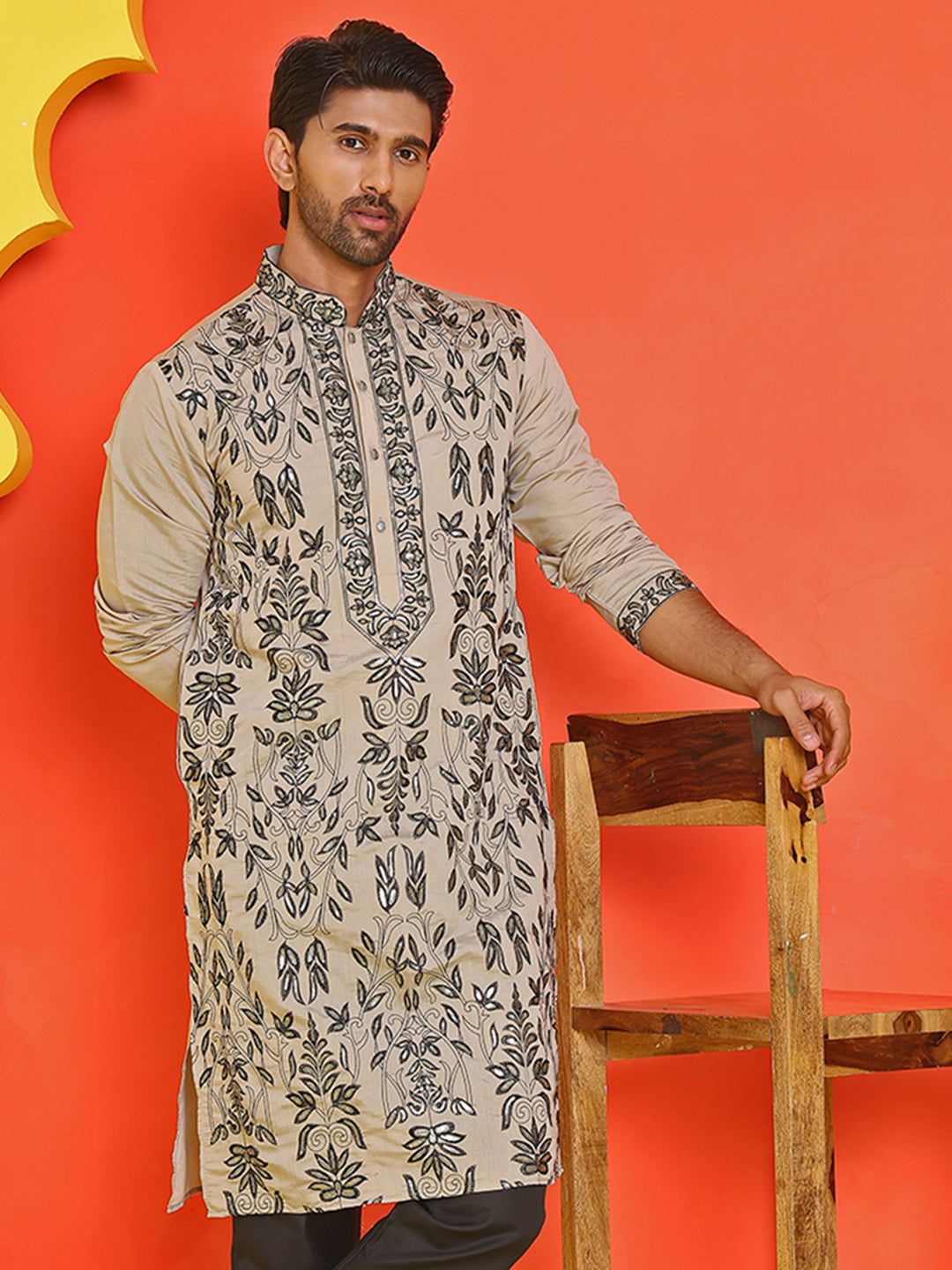Embroidered & Sequins Kurtas For Men ( KO 5226 Beige )