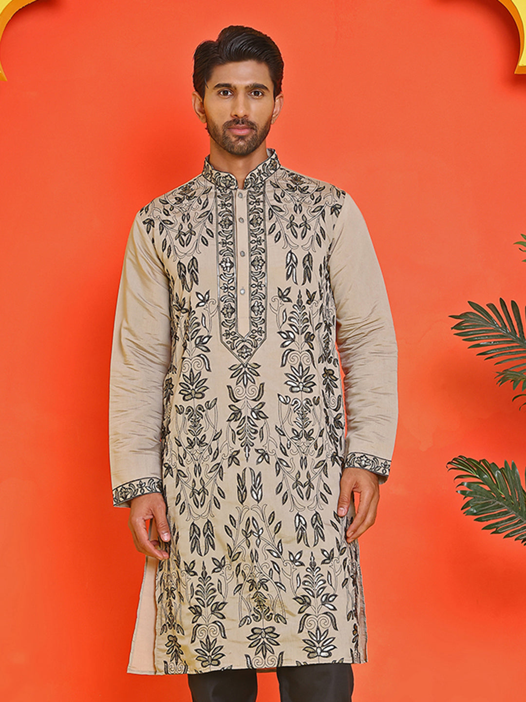 Embroidered & Sequins Kurtas For Men ( KO 5226 Beige )