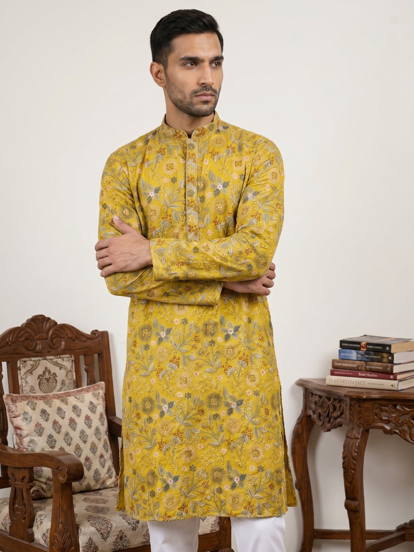 Silk Blend Floral Embroidered Kurta