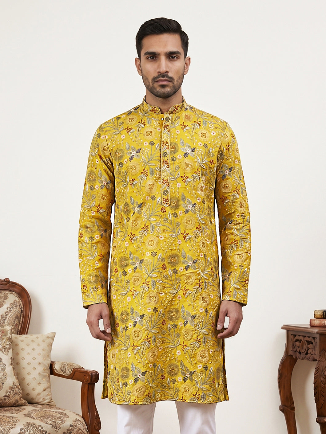 Silk Blend Floral Embroidered Kurta