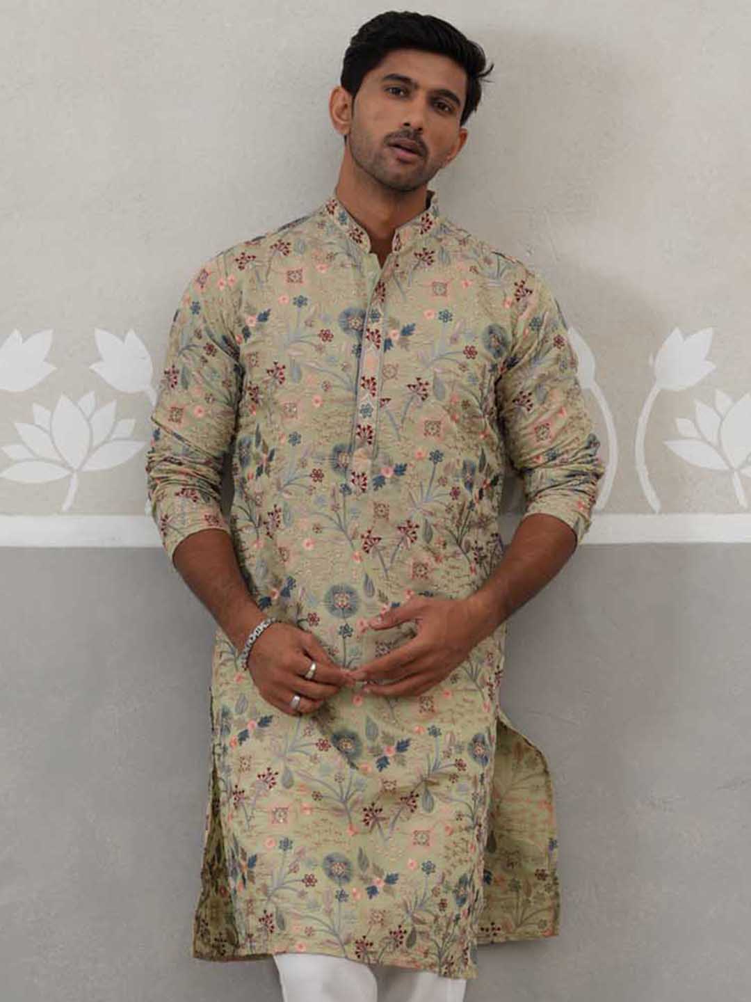 Embroidered Kurta For Men ( KO 5227 Pista ) [FF] [E-3-4]