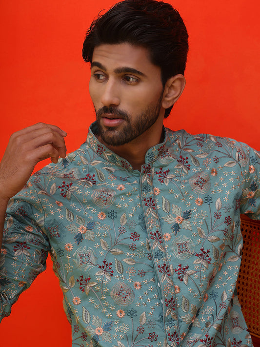 Embroidered Kurtas For Men ( KO 5227 Sky )