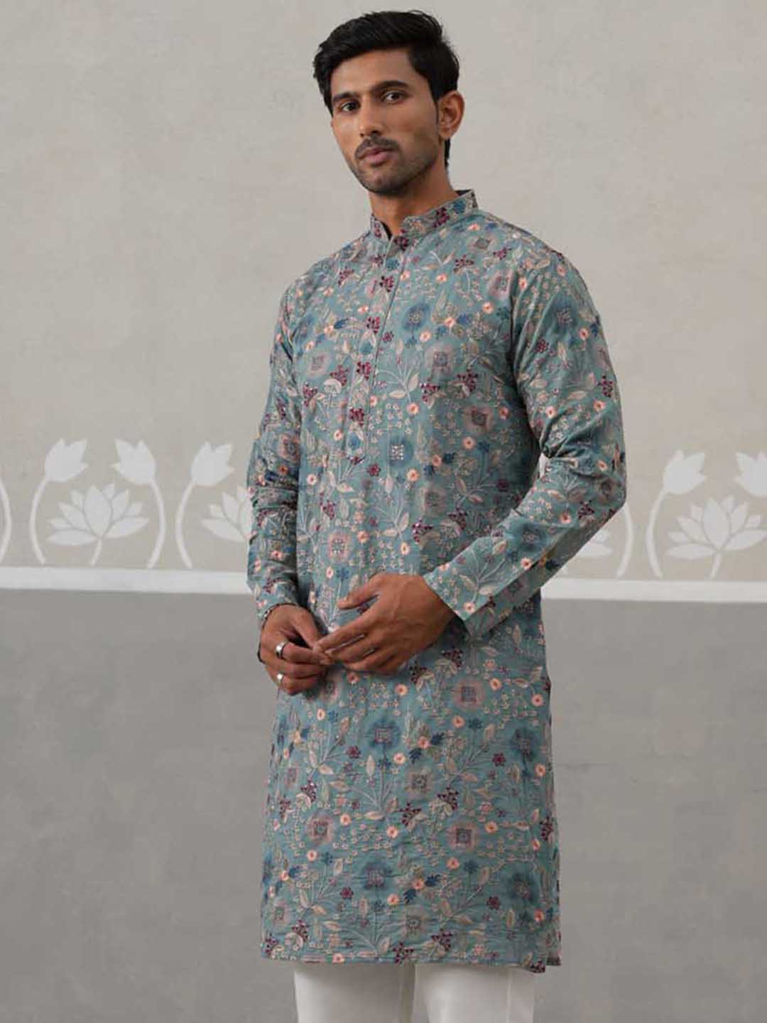 Embroidered Kurta For Men ( KO 5227 Sky ) [FF] [E-3-4]