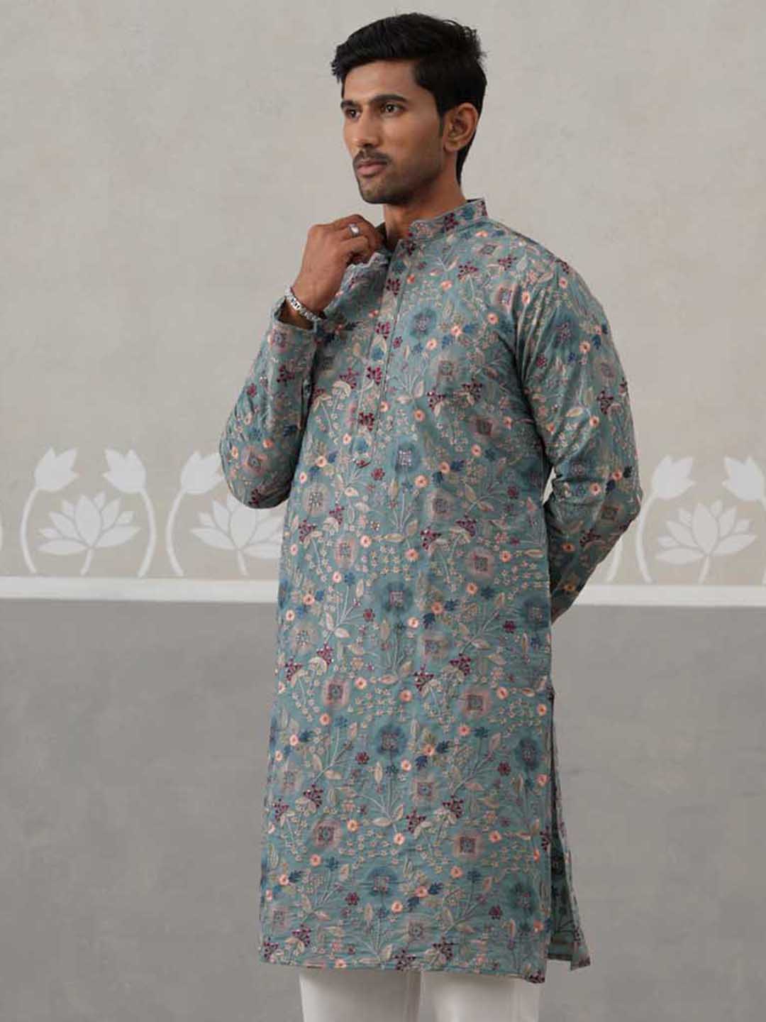 Embroidered Kurta For Men ( KO 5227 Sky ) [FF] [E-3-4]