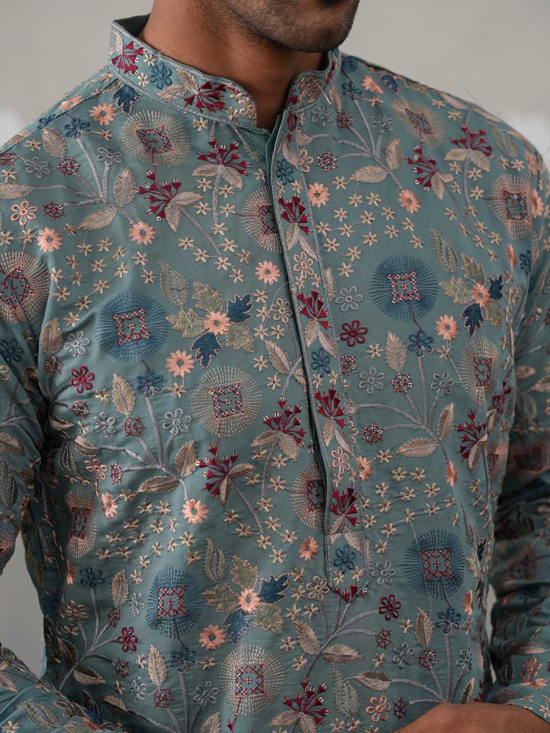 Embroidered Kurta For Men ( KO 5227 Sky ) [FF] [E-3-4]