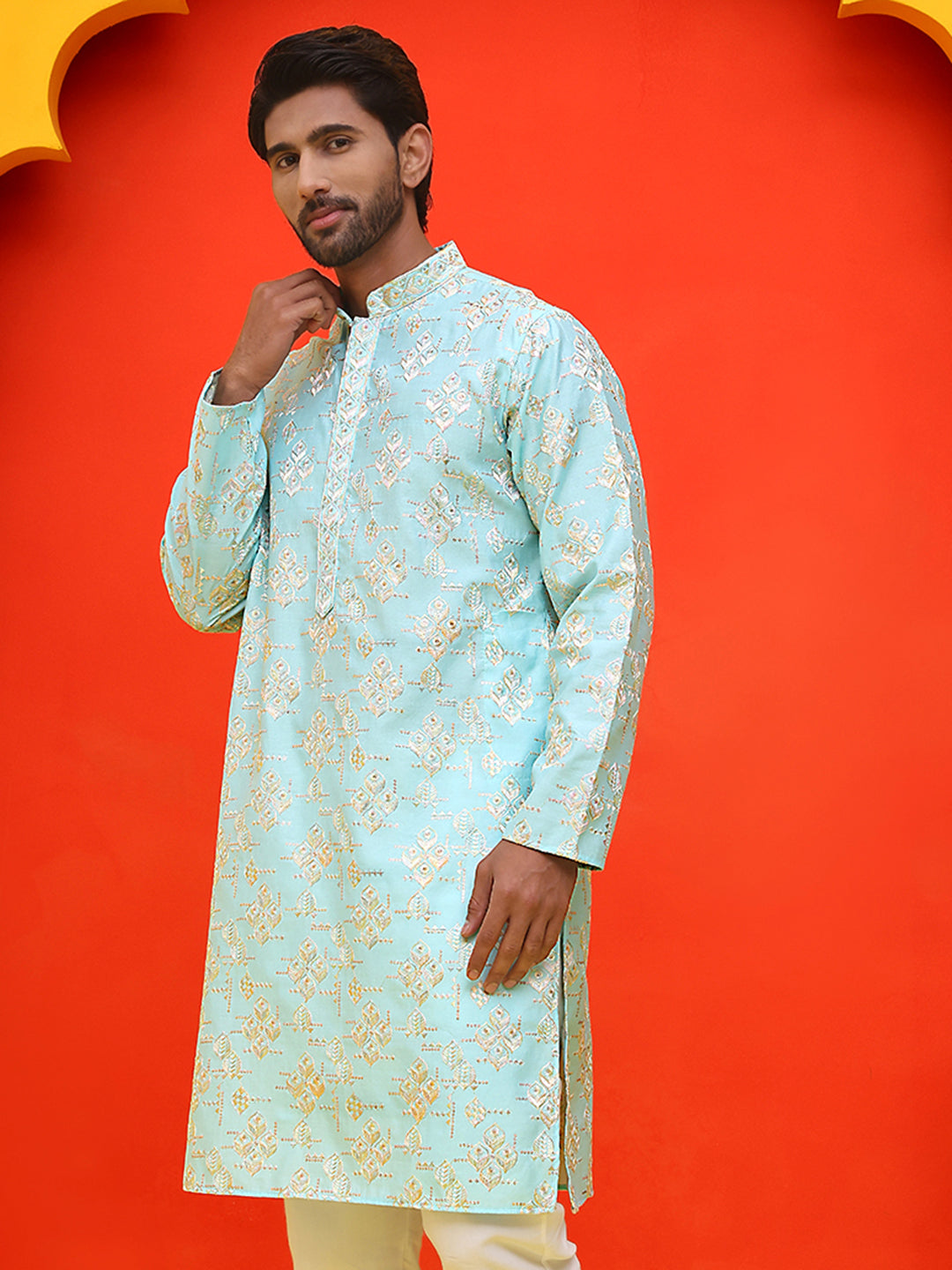 Men's Embroidered Kurtas ( KO 5229 Sky )