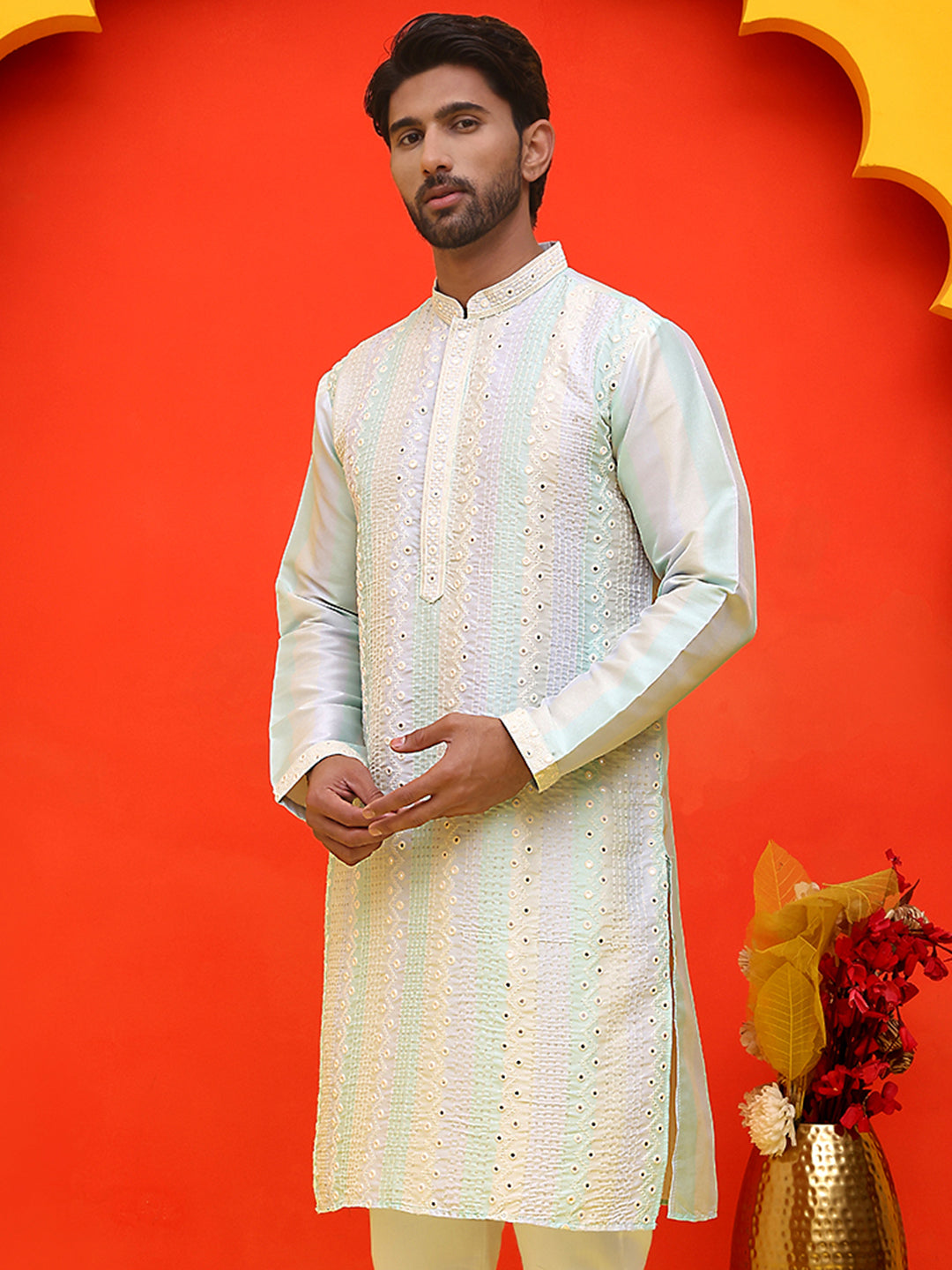 Embroidered and mirror work straight Kurtas For Men, ( KO 5231 Multi )