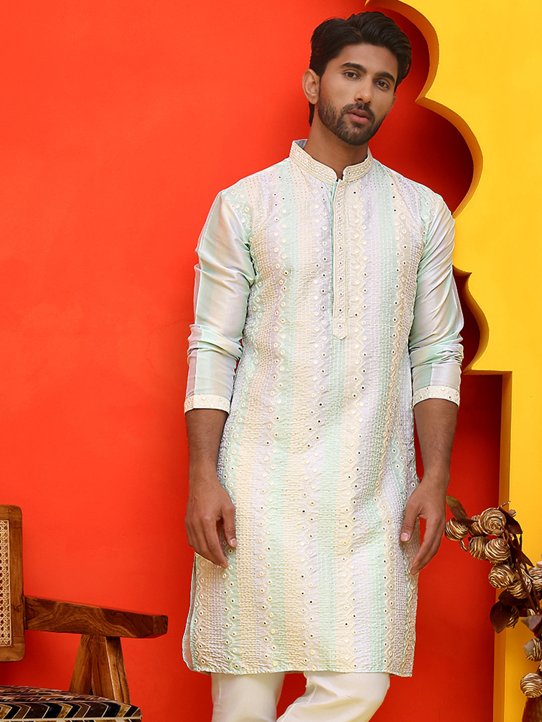 Embroidered and mirror work straight Kurtas For Men, ( KO 5231 Multi )