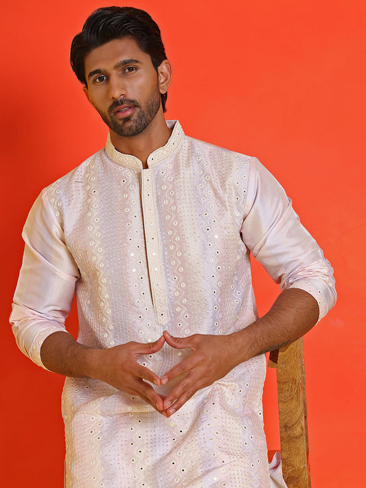 Embroidered and mirror work straight Kurtas For Men, ( KO 5231 Peach )
