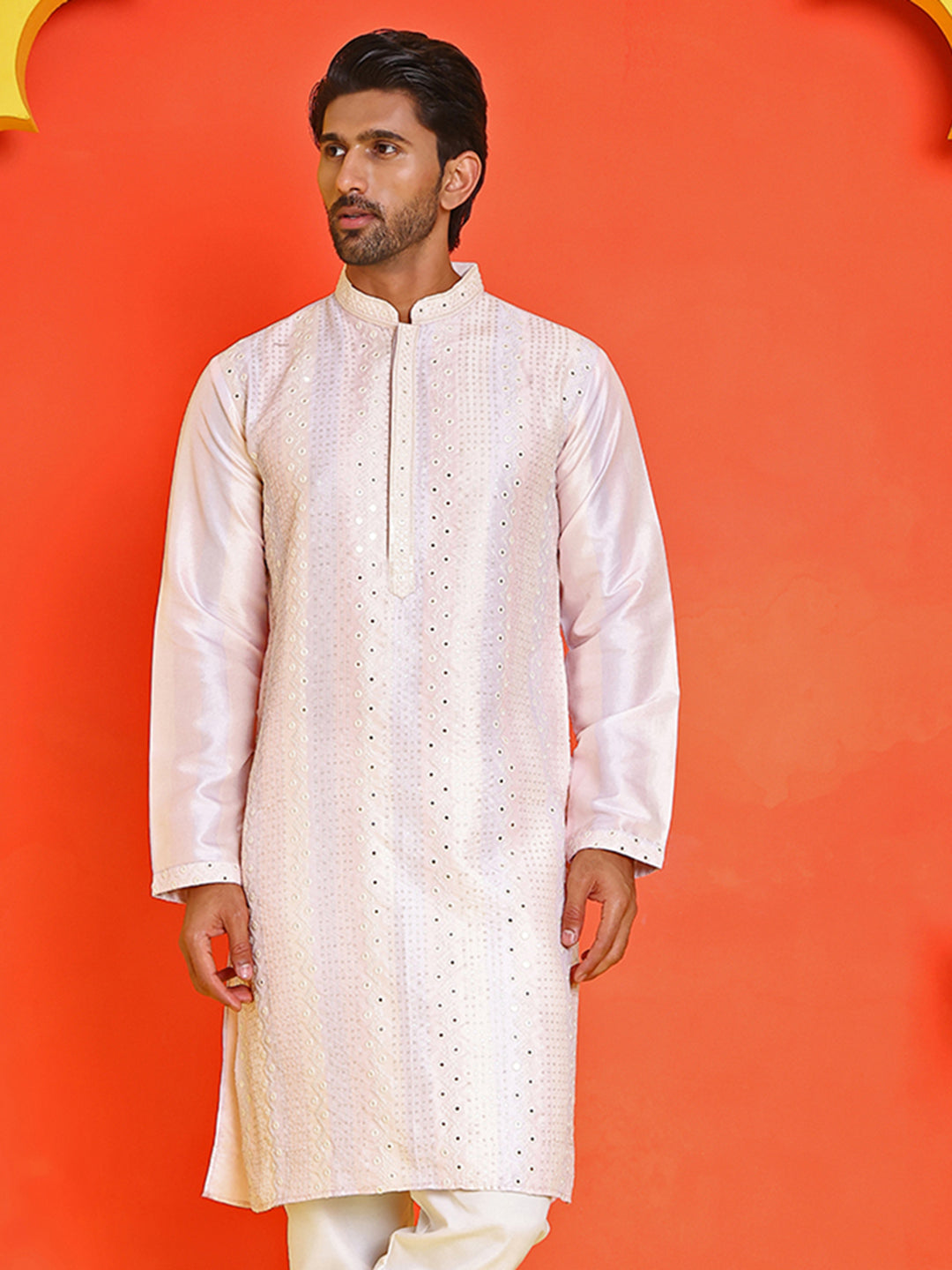 Embroidered and mirror work straight Kurtas For Men, ( KO 5231 Peach )
