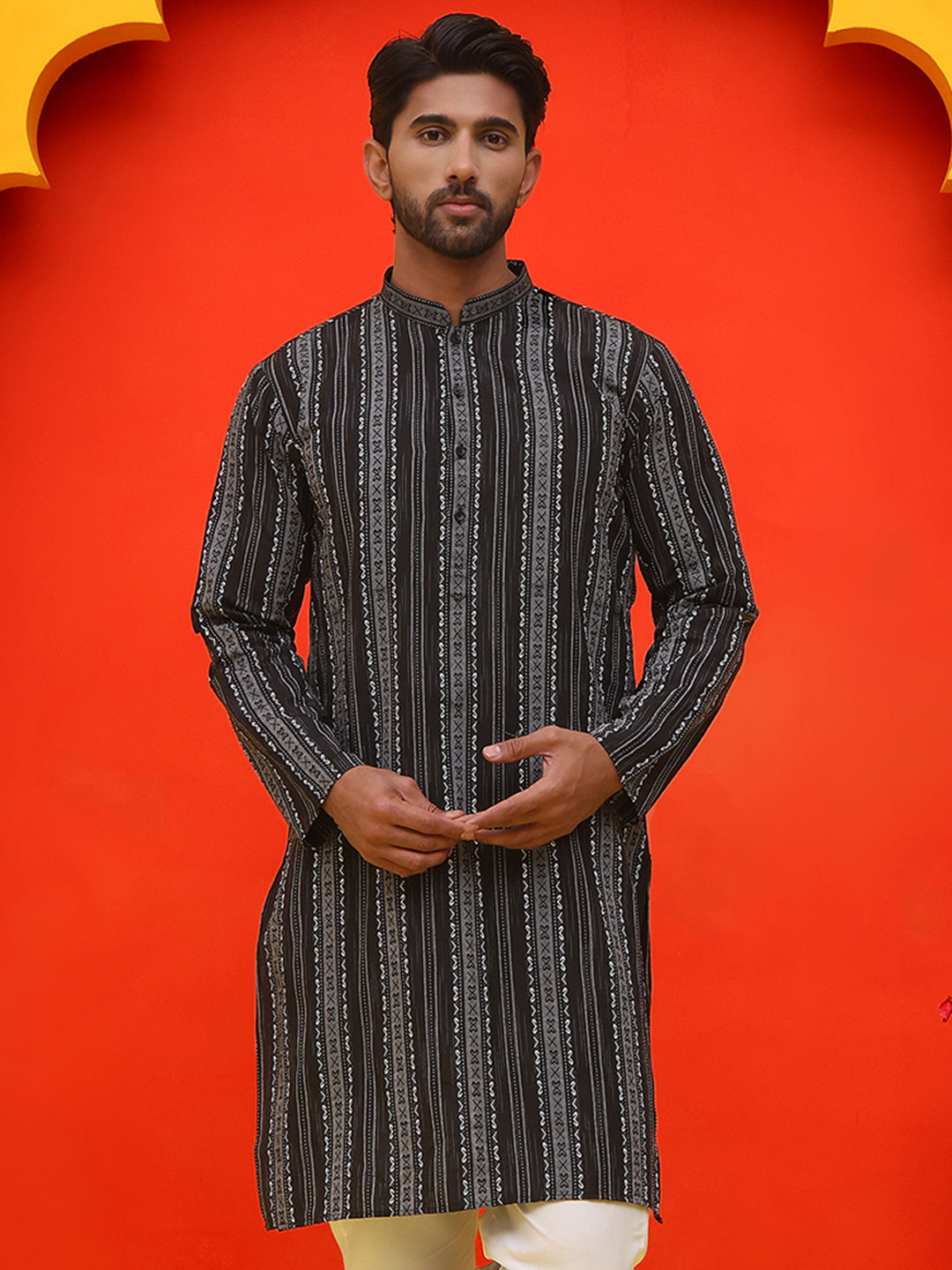 Self Design Straight Kurta For Men ( KO 5232 Black )