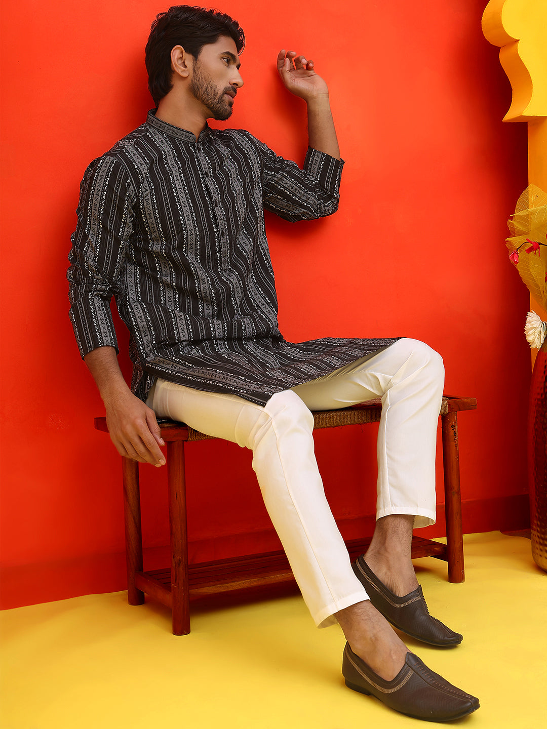 Self Design Straight Kurta For Men ( KO 5232 Black )