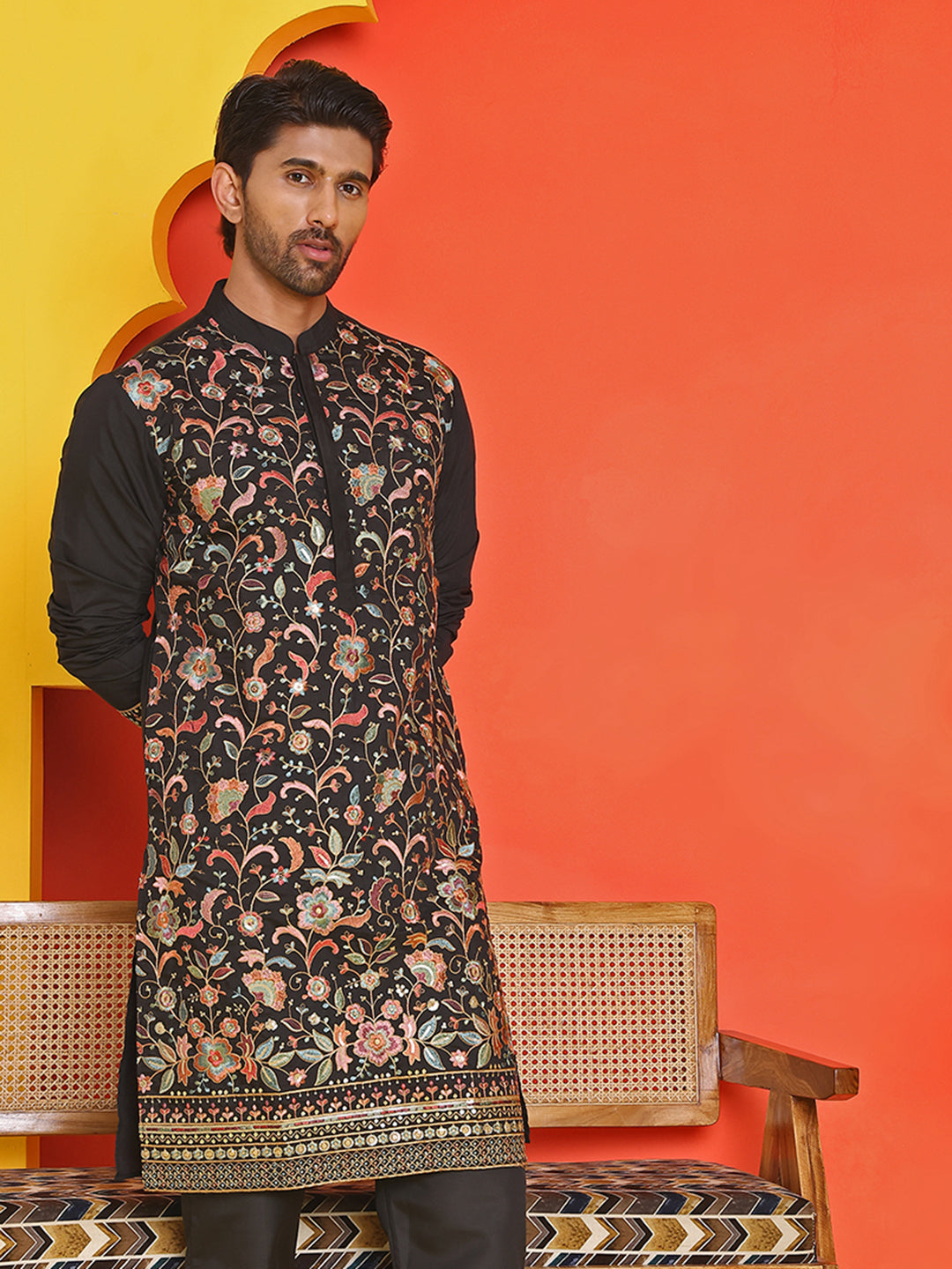 Floral Embroidered Straight Kurtas ( KO 5235 Black )