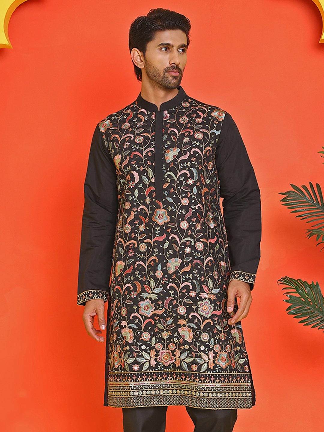 Floral Embroidered Straight Kurtas ( KO 5235 Black )