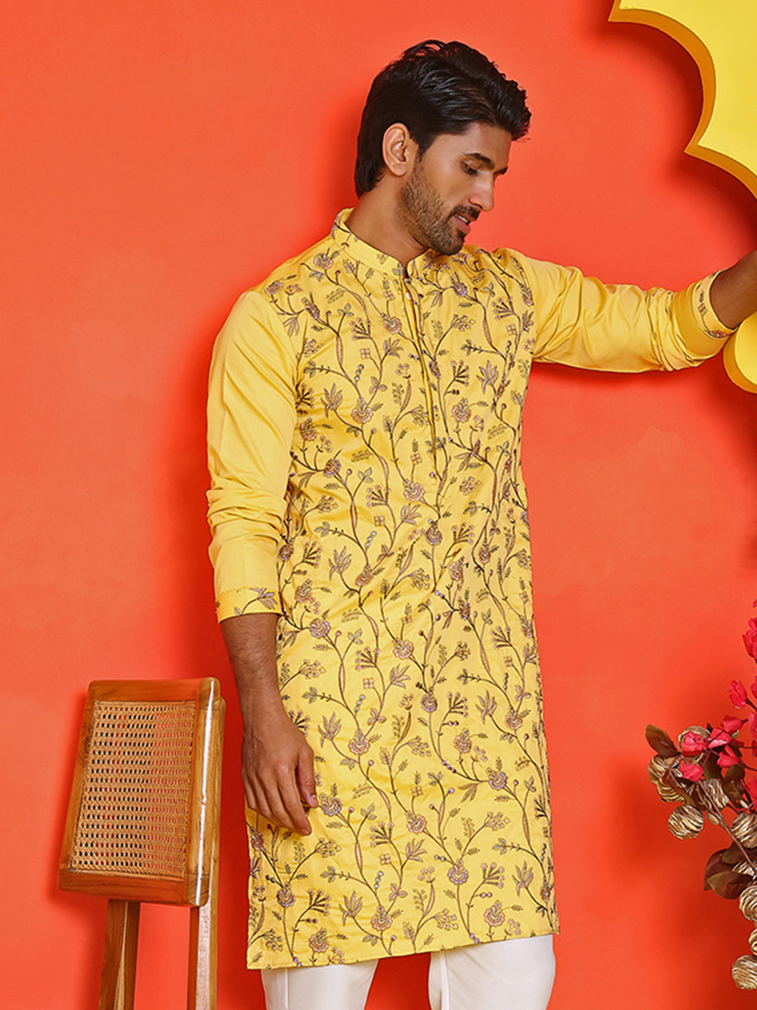Floral Embroidered Straight Kurtas ( KO 5236 Yellow )