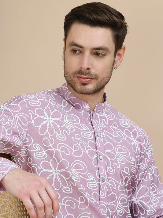 Floral Printed Kurtas for Men ( KO 5237 Magenta )