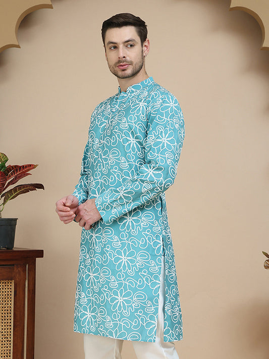Floral Printed Kurtas for Men ( KO 5237 Sky )
