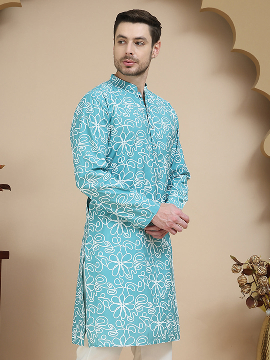 Floral Printed Kurtas for Men ( KO 5237 Sky )