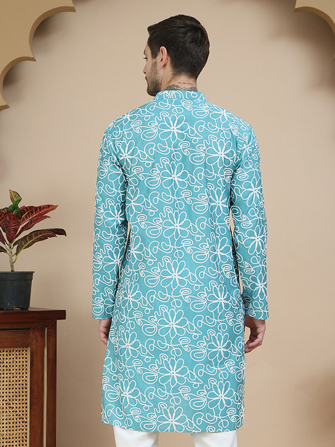 Floral Printed Kurtas for Men ( KO 5237 Sky )