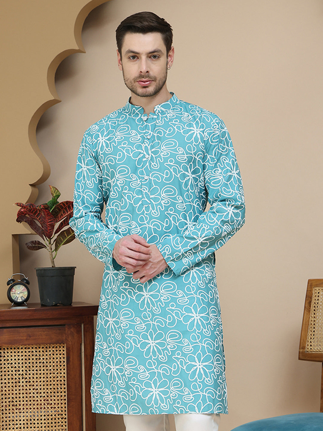 Floral Printed Kurtas for Men ( KO 5237 Sky )