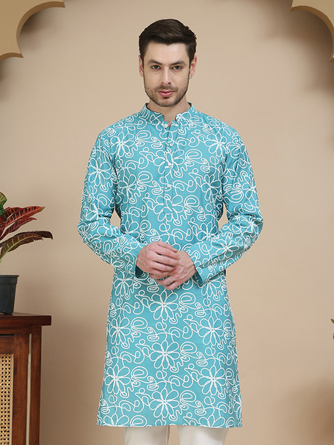 Floral Printed Kurtas for Men ( KO 5237 Sky )