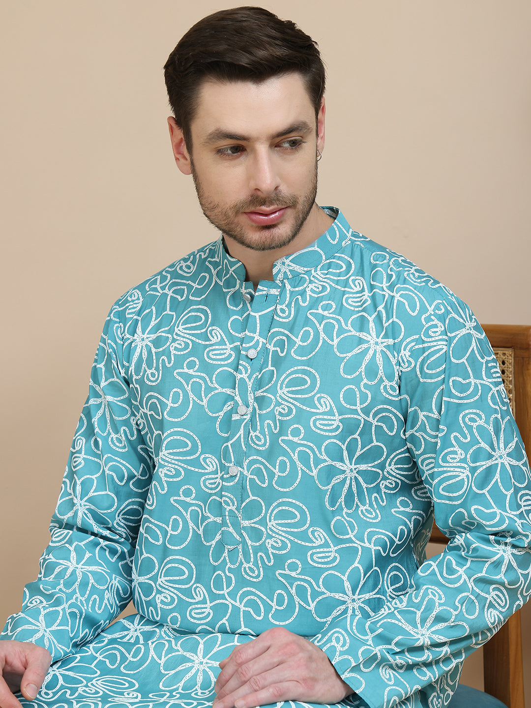 Floral Printed Kurtas for Men ( KO 5237 Sky )