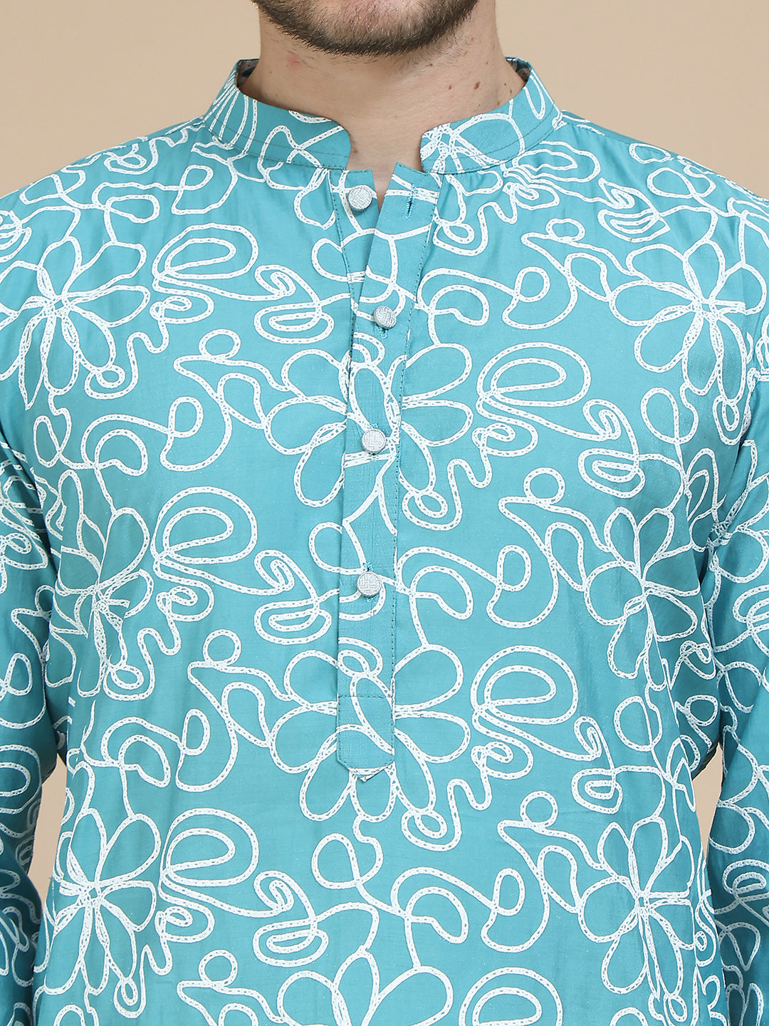 Floral Printed Kurtas for Men ( KO 5237 Sky )