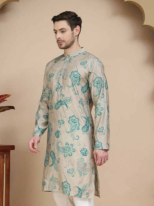Stylish Beige Kurtas with Artistic Teal Paisley Print ( KO 5242 Beige )