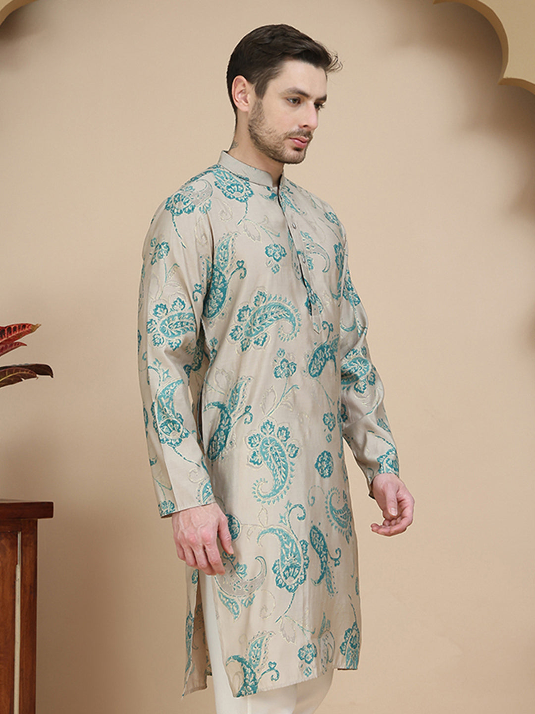 Stylish Beige Kurtas with Artistic Teal Paisley Print ( KO 5242 Beige )