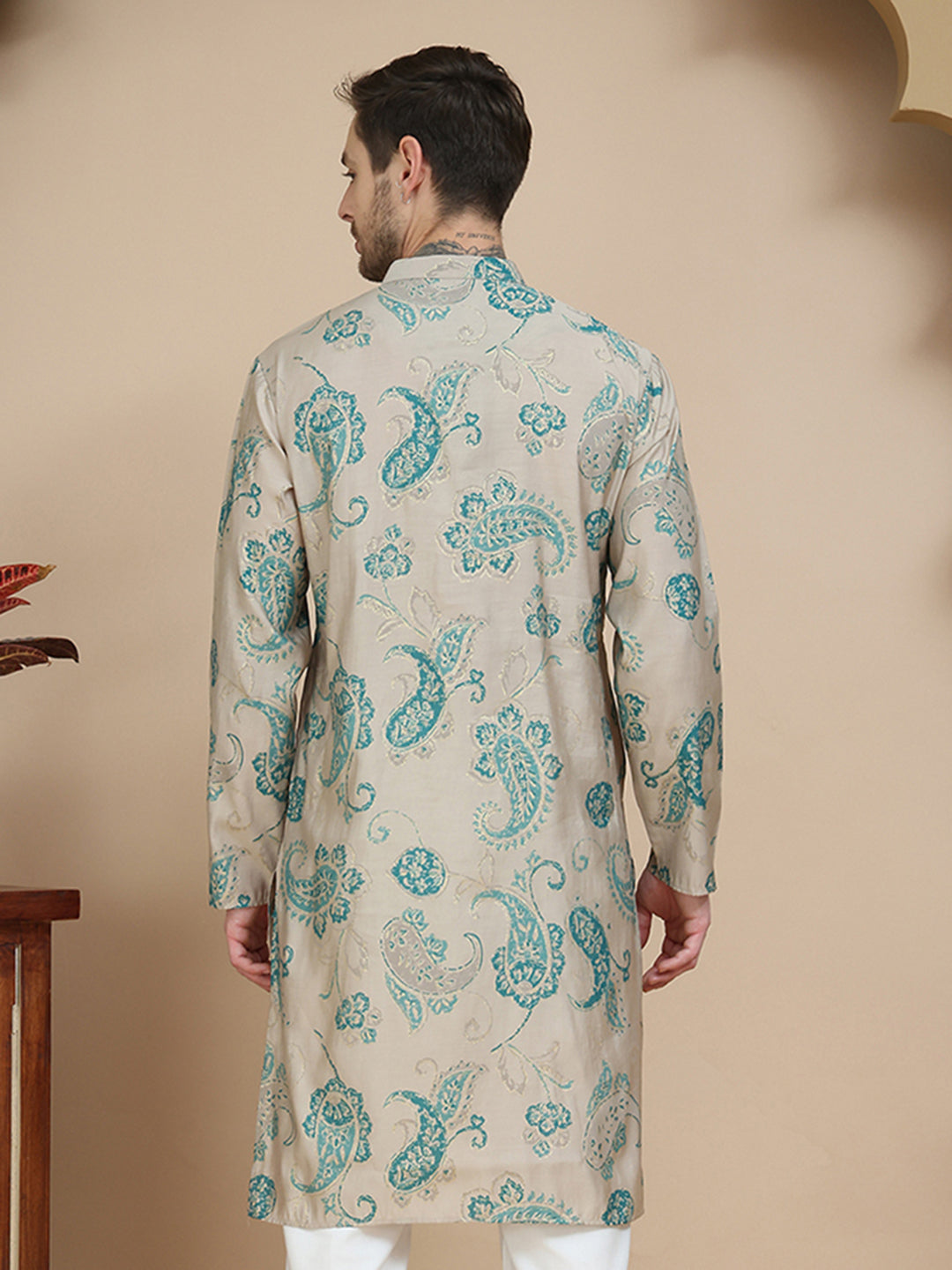 Stylish Beige Kurtas with Artistic Teal Paisley Print ( KO 5242 Beige )