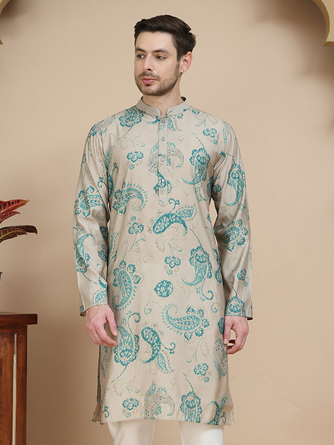 Stylish Beige Kurtas with Artistic Teal Paisley Print ( KO 5242 Beige )