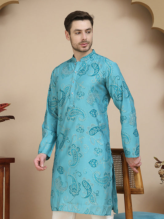 Stylish Blue Kurtas with Artistic Teal Paisley Print ( KO 5242 Blue )