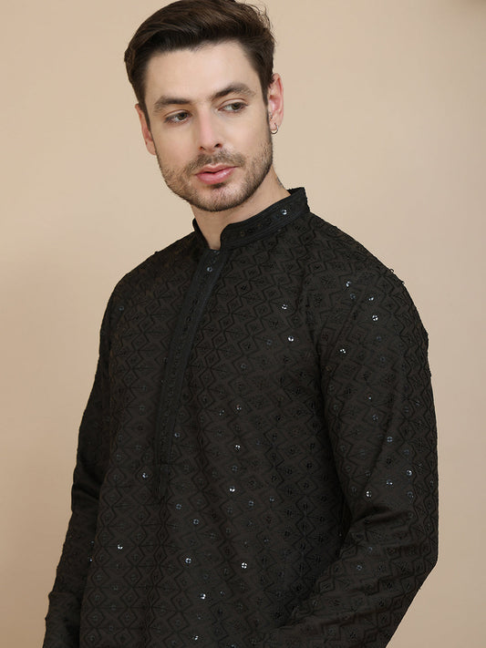 Embroidered Cotton Kurtas for Men ( KO 5244 Black )