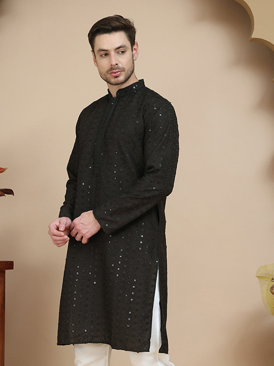Embroidered Cotton Kurtas for Men ( KO 5244 Black )
