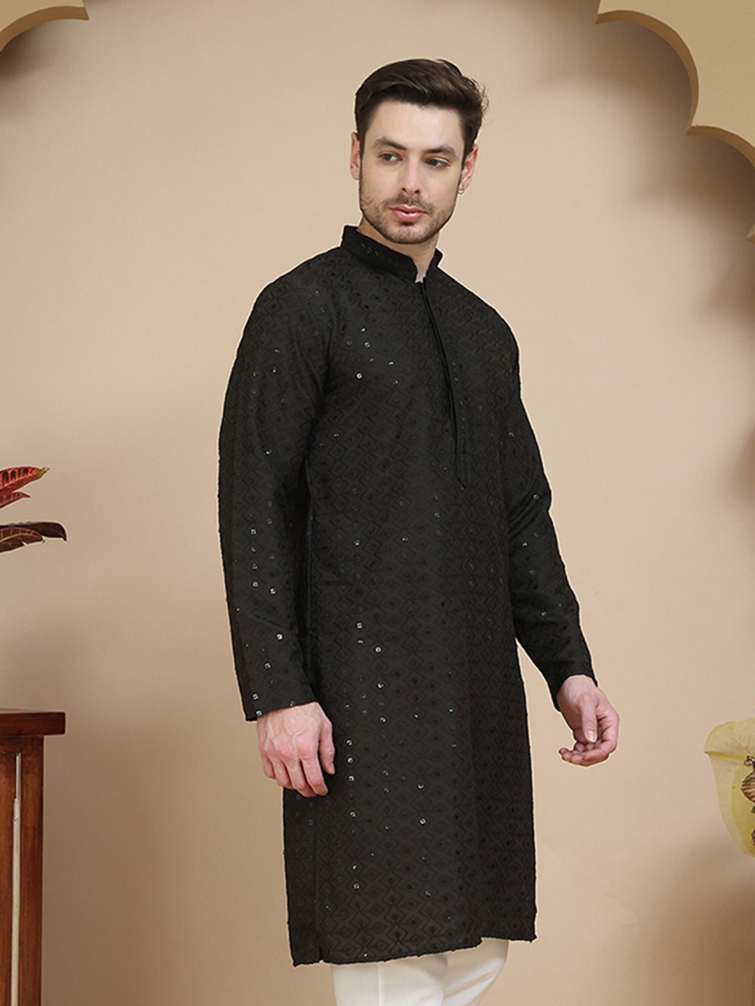 Embroidered Cotton Kurtas for Men ( KO 5244 Black )