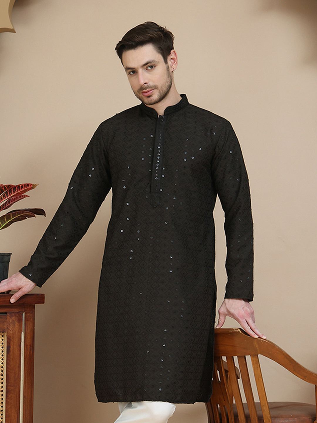 Embroidered Cotton Kurtas for Men ( KO 5244 Black )
