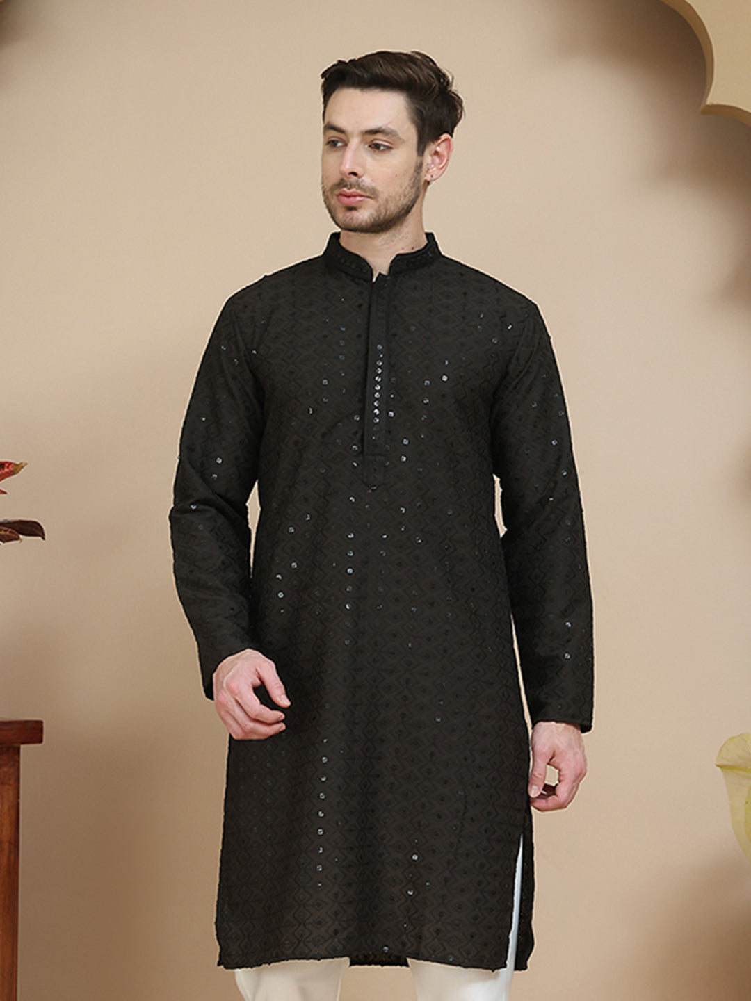 Embroidered Cotton Kurtas for Men ( KO 5244 Black )