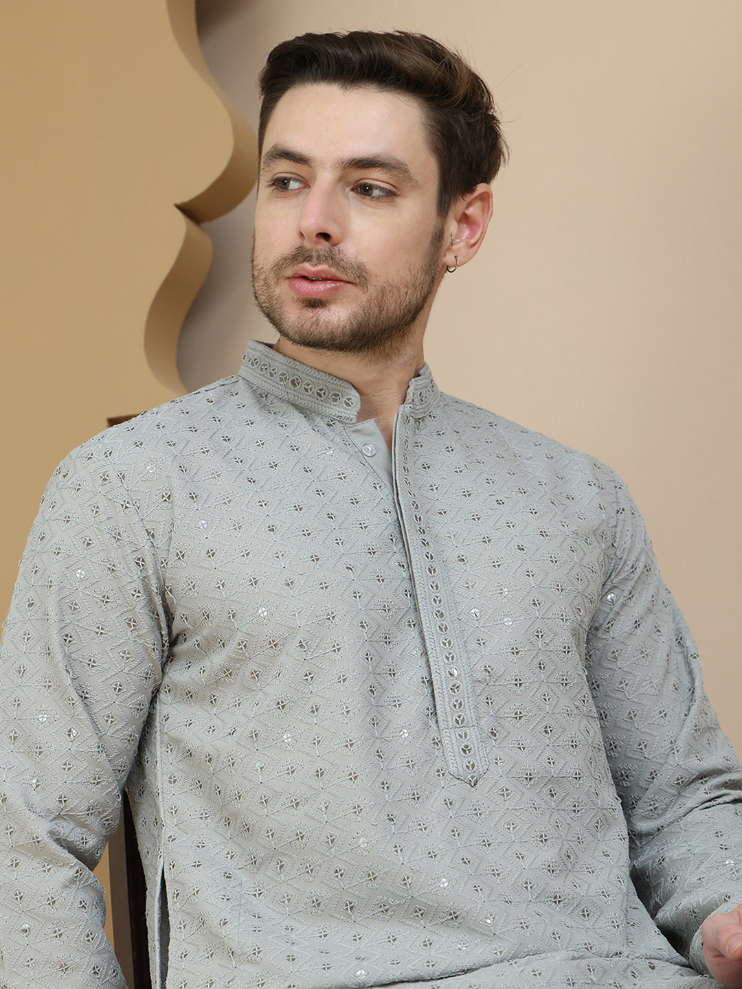 Embroidered Cotton Kurtas for Men ( KO 5244 Grey )