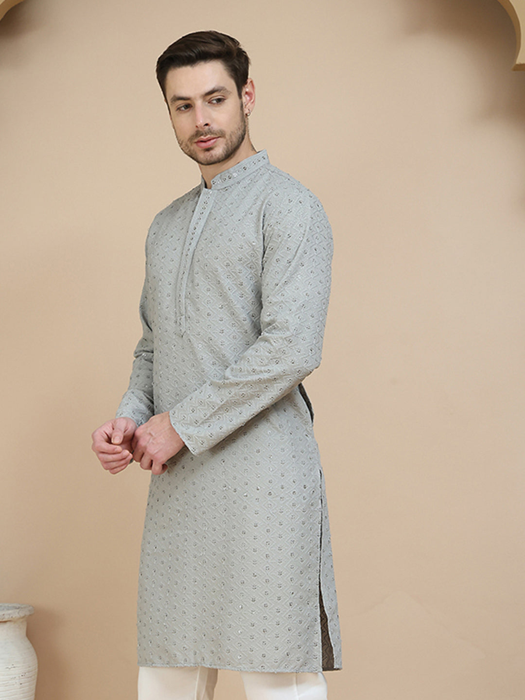 Embroidered Cotton Kurtas for Men ( KO 5244 Grey )