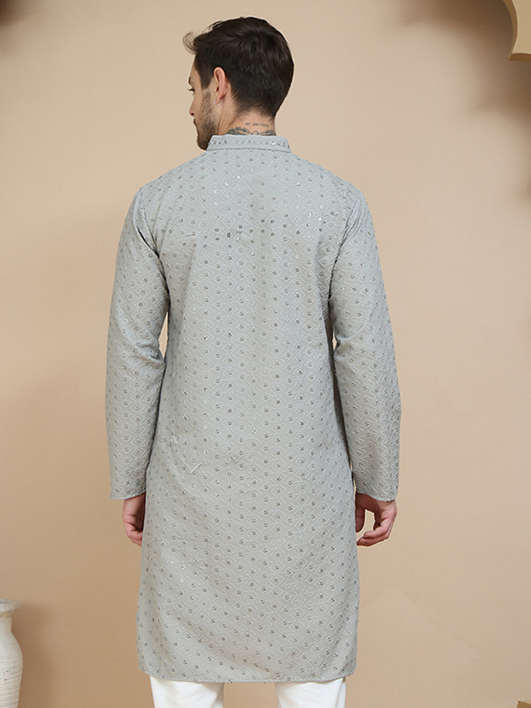 Embroidered Cotton Kurtas for Men ( KO 5244 Grey )