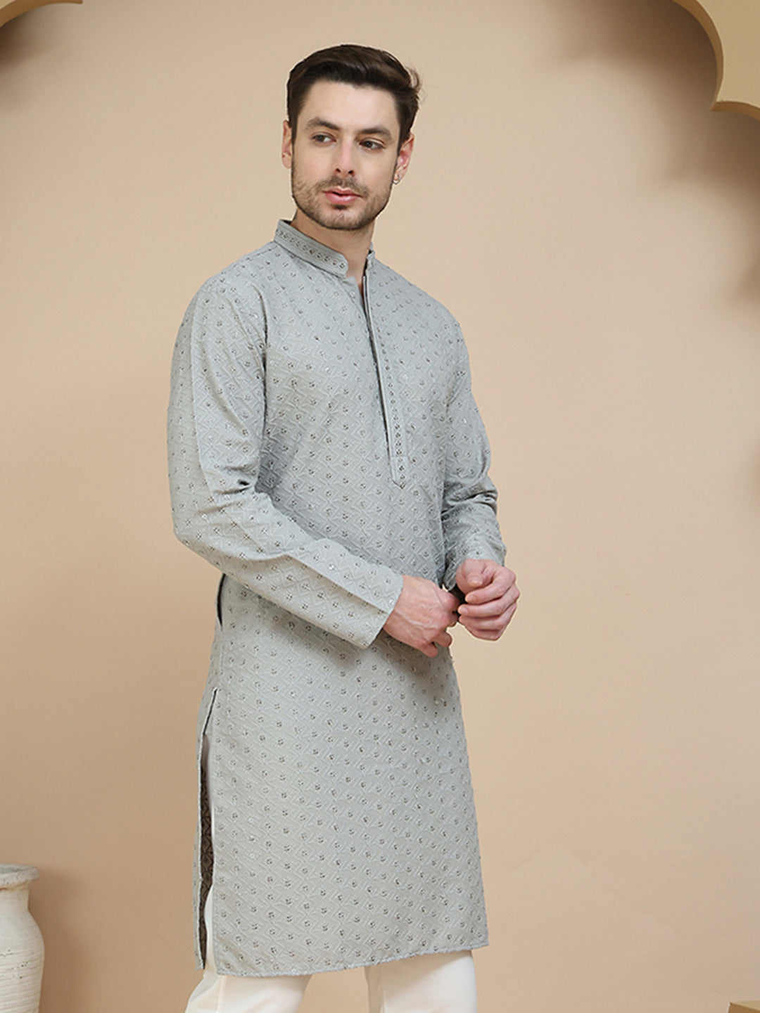 Embroidered Cotton Kurtas for Men ( KO 5244 Grey )