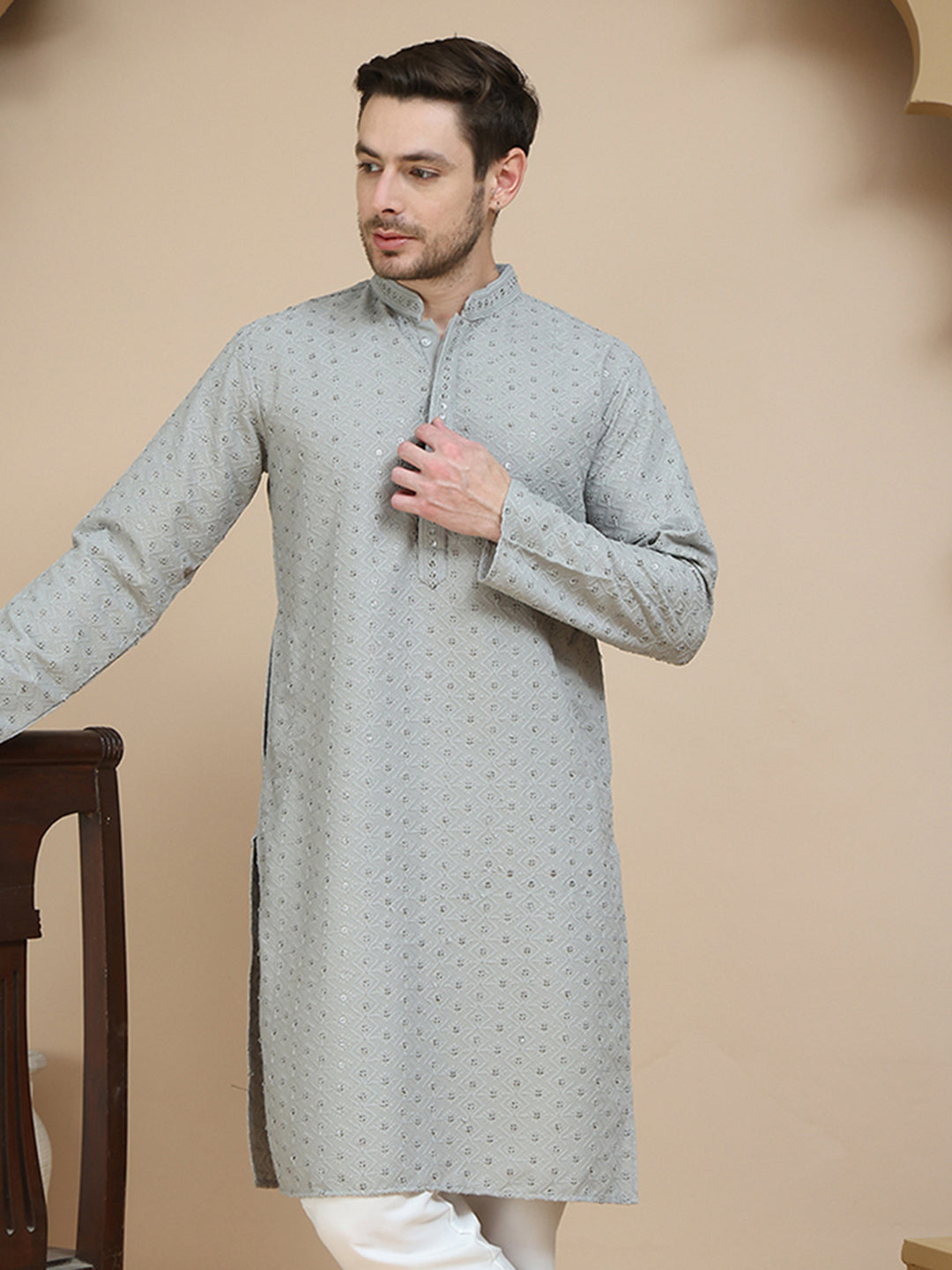 Embroidered Cotton Kurtas for Men ( KO 5244 Grey )