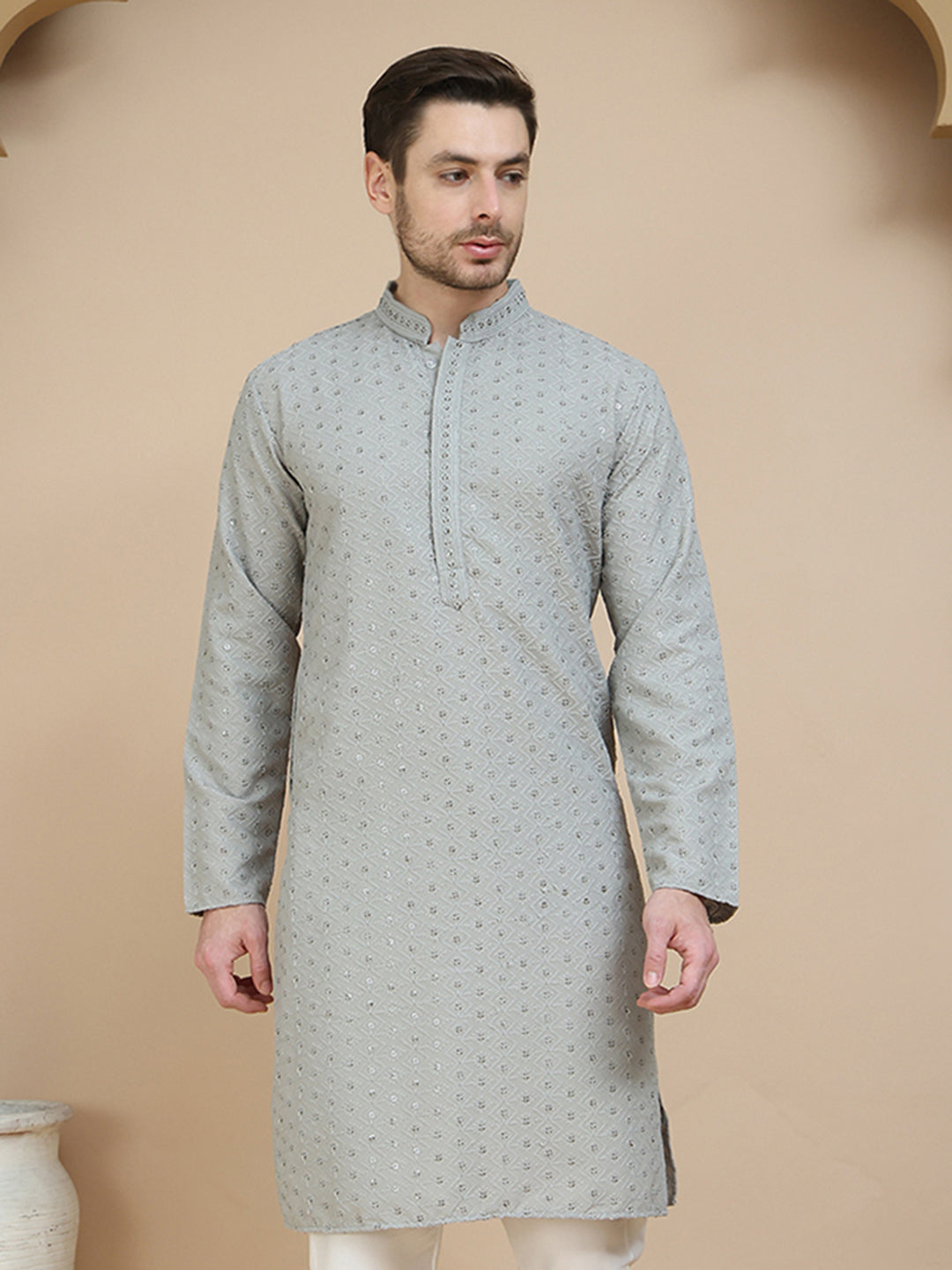 Embroidered Cotton Kurtas for Men ( KO 5244 Grey )