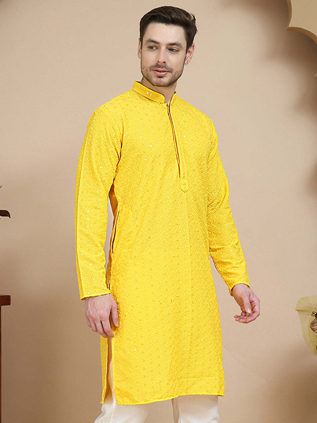 Embroidered Cotton Kurtas for Men ( KO 5244 Yellow )