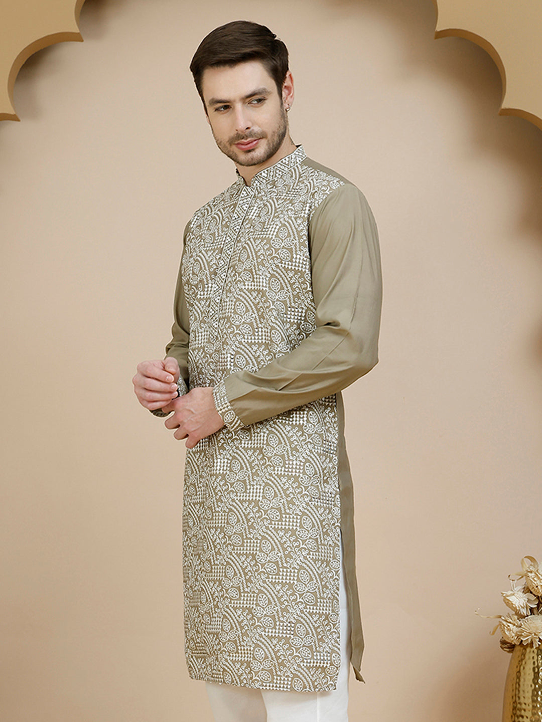 Embroidered Silk Blend Kurtas for Men ( KO 5245 Beige ) [FF] [I-1-4]