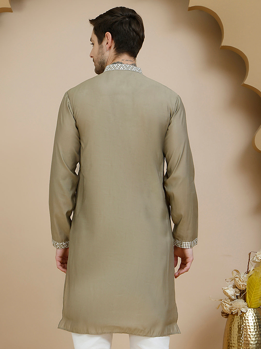 Embroidered Silk Blend Kurtas for Men ( KO 5245 Beige ) [FF] [I-1-4]