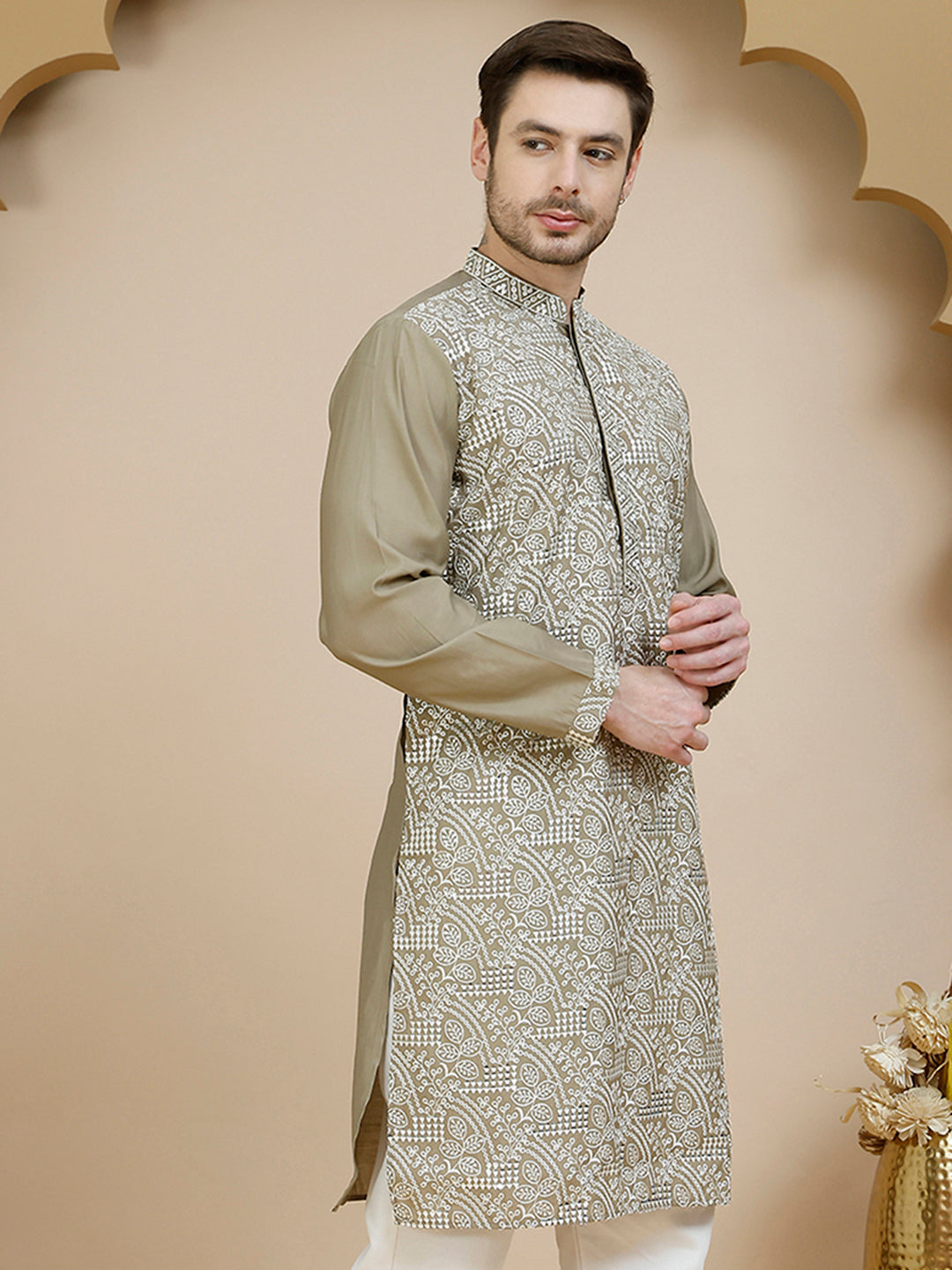 Embroidered Silk Blend Kurtas for Men ( KO 5245 Beige ) [FF] [I-1-4]