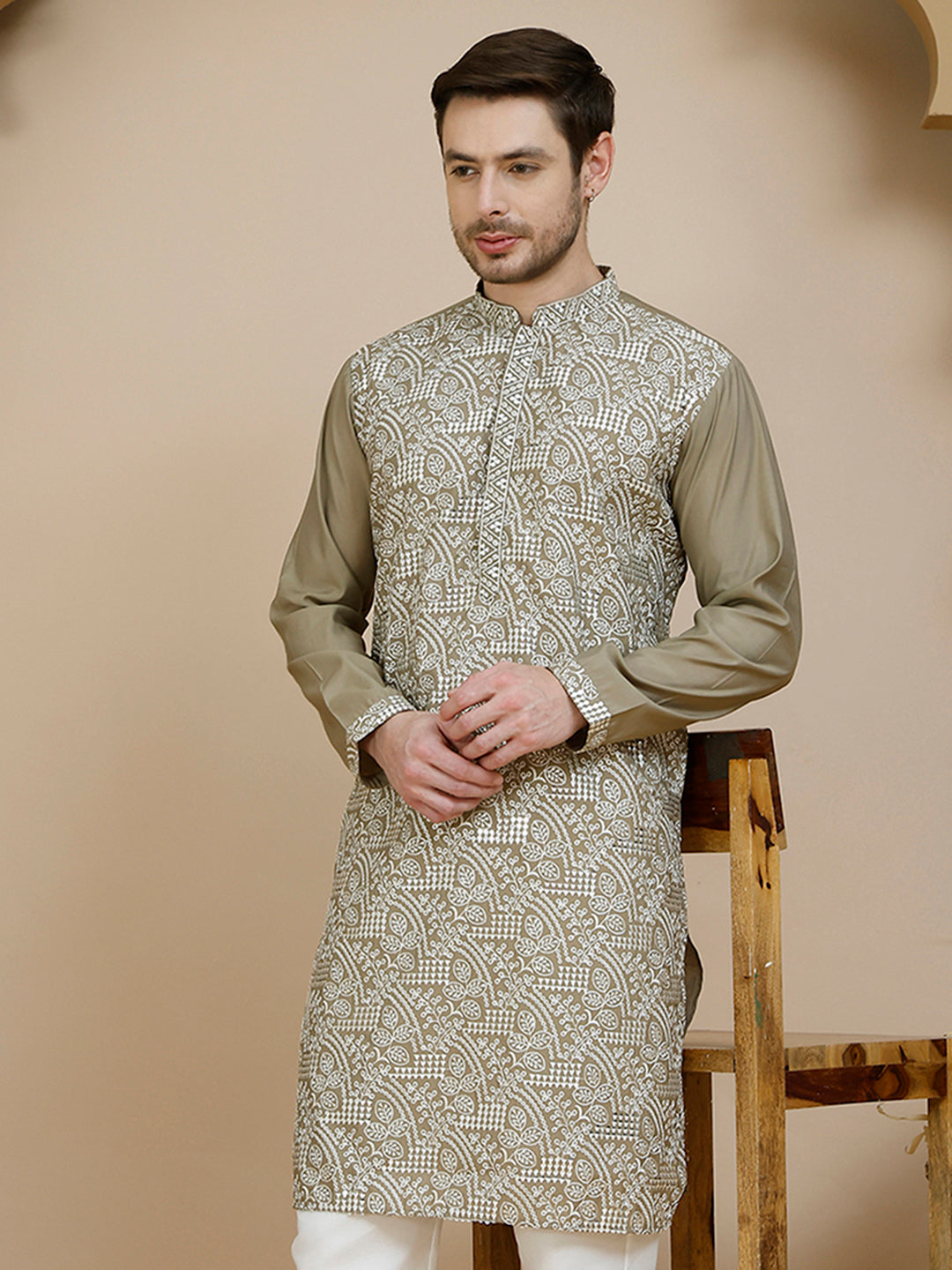 Embroidered Silk Blend Kurtas for Men ( KO 5245 Beige ) [FF] [I-1-4]